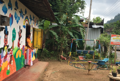 The school has now been partly renovated after the flood. The front of the school has been cheerfully painted by the parents of the children as volunteers.